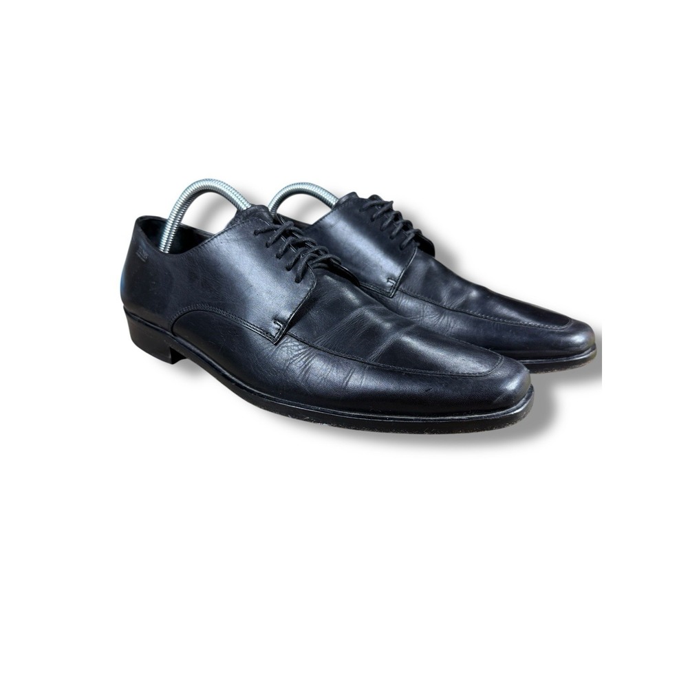 Hugo Boss Dress Shoe Size 9 Men's Embossed Logo Black Leather Lace Up Apron Toe - Picture 3 of 14